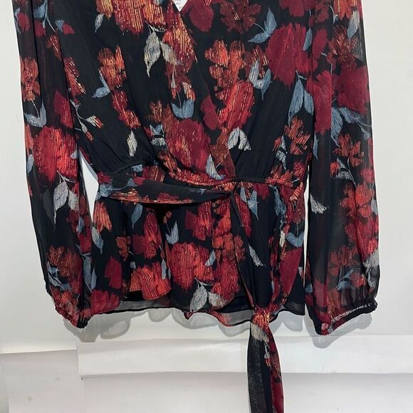 52seven Women's Multicolor Floral Tie Waist Long Sleeve Blouson Blouse Large NWT - Picture 3 of 10